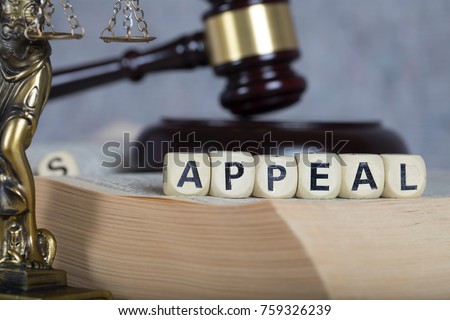 Word APPEAL composed of wooden letters. Statue of Themis and judge's gavel  in the background Royalty-Free Stock Photo #759326239
