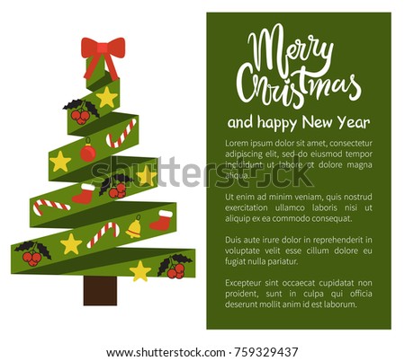 Merry Christmas Happy New Year poster with tree made of wavy abstract lines, topped by red bow vector illustration web banner with place for text