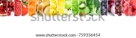 Collage of fruits and vegetables. Fresh ripe color food. Food concept Royalty-Free Stock Photo #759336454
