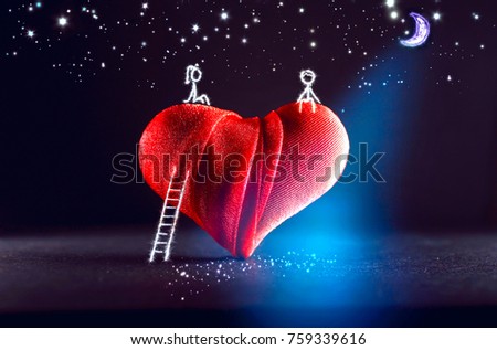Pictured boy and girl are sitting on big heart of moonlit night under stars in sky on against a dark background. Concept for lovers, template for postcard, Valentine's Day. Romantic artistic image