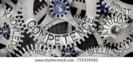 Macro photo of tooth wheel mechanism with COMPETENCE concept related words imprinted on metal surface Royalty-Free Stock Photo #759339685