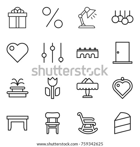 Thin line icon set : gift, percent, table lamp, sale, heart, equalizer, bridge, door, fountain, perishable, restaurant, pendant, chair, rocking, cake