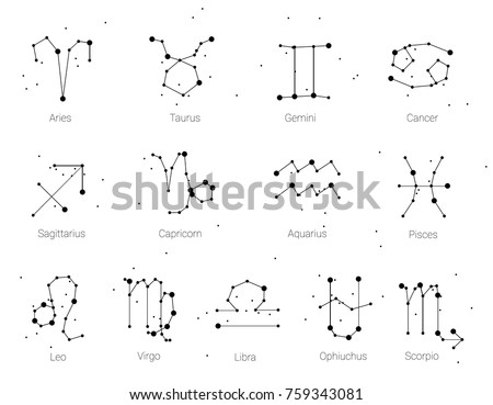 Horoscope, all Zodiac signs in constellation style with line and stars on white background. Collection of zodiac symbols, thirteen of white elements, stars constellations set. Royalty-Free Stock Photo #759343081