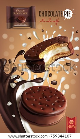 Vector realistic isolated illustration of choco pie with milk souffle. Chocolate coated marshmallow. Ad package of chocolate pie with chocolate and milk splashes on bokeh background.