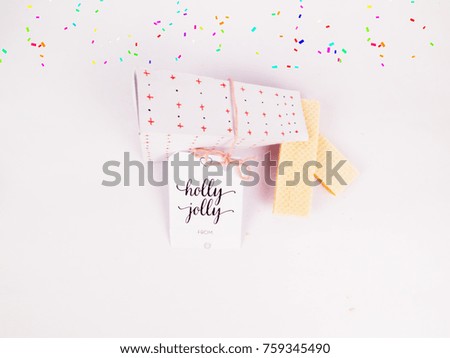 Christmas Decoration with Triangle Wafer Gift Box with Wafers and confetti for holidays best for background image for Holiday invitation and banners and blogs