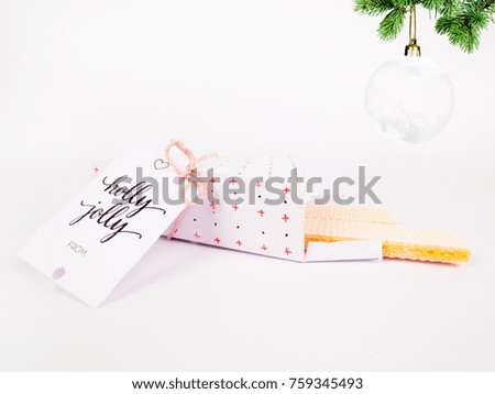 Christmas Decoration with Triangle Wafer Gift Box with Christmas Balls Wafers for holidays best for background image for Holiday invitation and banners and blogs