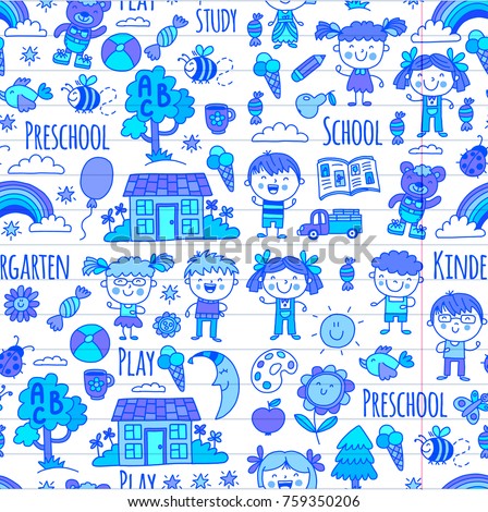 Imagination. Exploration. Study. Play. Learn. Kindergarten. Children. Kids drawing. Doodle icon Illustration Moon House Boys and girls Preschool school picture Vector patterns