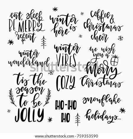 PriHandwritten Christmas wishes for amazing holiday greeting cards. Hand drawn lettering. Winter and New Year card design elements.nt
