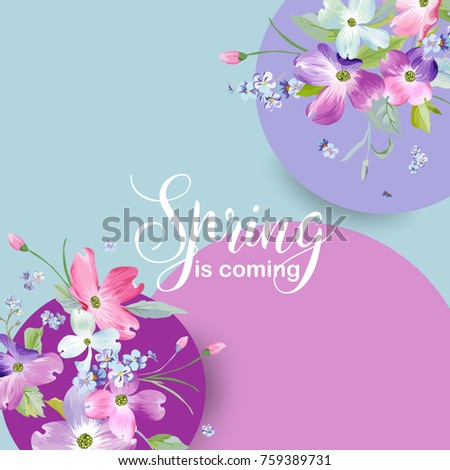 Floral Spring Graphic Design with Dogwood Blossom Flowers for Fashion, Poster, T-shirt, Banner, Greeting Card, Invitation. Vector illustration 