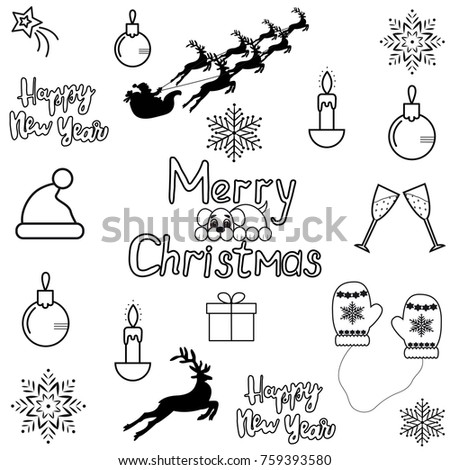 Set of christmas icons black on white background