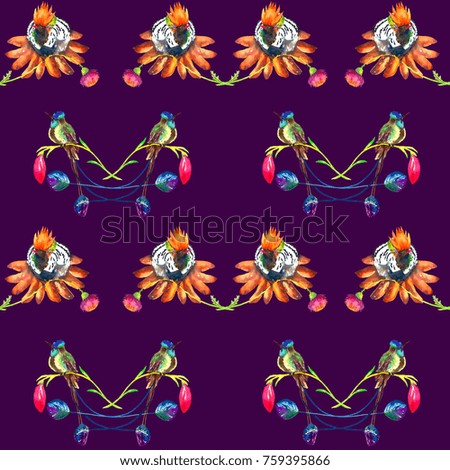 Hummingbirds sitting on pink flowers, seamless pattern design, hand painted watercolor illustration, dark purple background