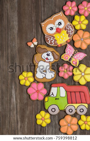 Set of homemade cookies for children's holiday, copy space, dark background.
