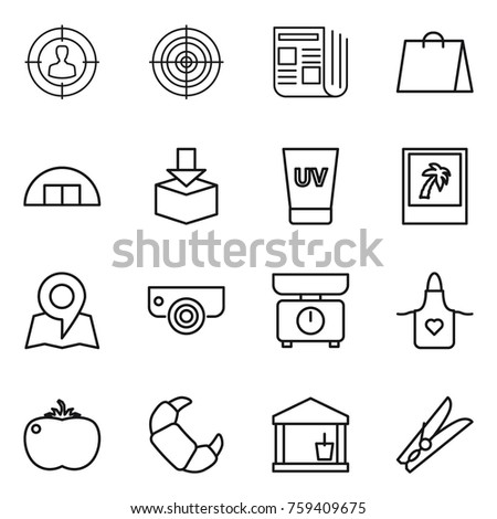 Thin line icon set : target audience, newspaper, shopping bag, hangare, package, uv cream, photo, map, surveillance camera, kitchen scales, apron, tomato, croissant, utility room, clothespin