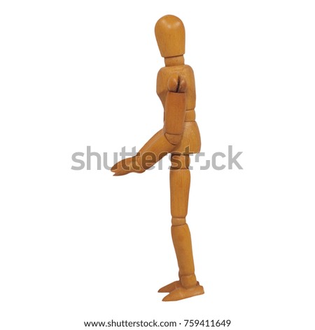 Wooden figure pose offer lower hand (left side view) white background isolated object with saved clipping path
