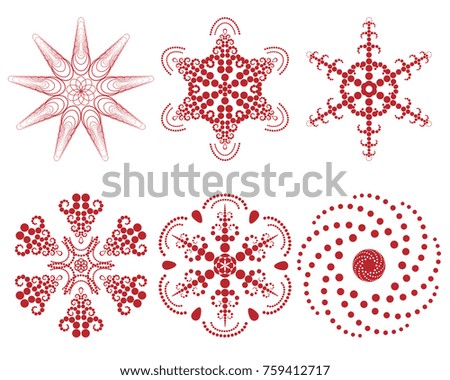 Snow. Six snowflakes from circles. Red on white.