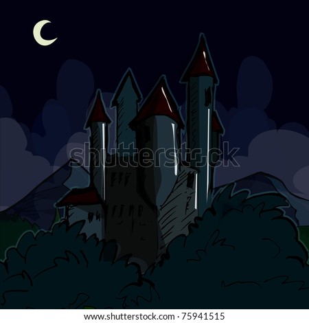 Creepy castle at night. A moon in the sky