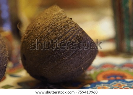 Coconut is on the table. Picture for the desktop. For sellers and designers.