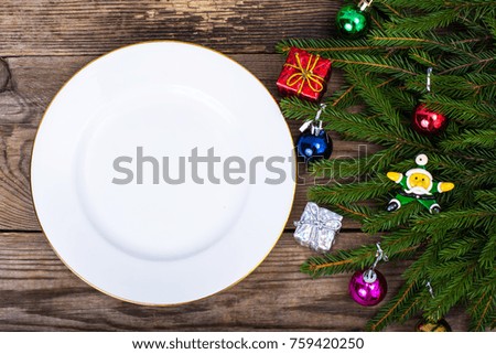Christmas dinner on background with rustic table decorations. View from above. Studio Photo