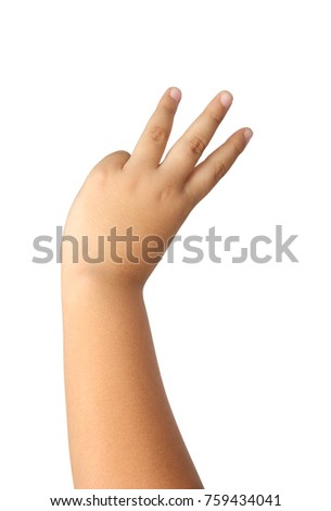 Child hand and fingers showing number three isolated on white background, clipping path.