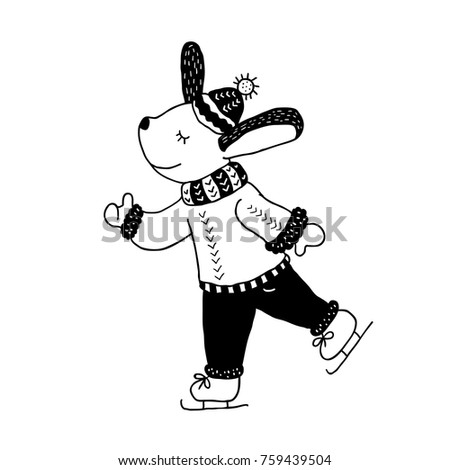 Funny rabbit. Nursery art. Minimalist scandinavian style. Character for kids card, print for t-shirt and more. Winter season.