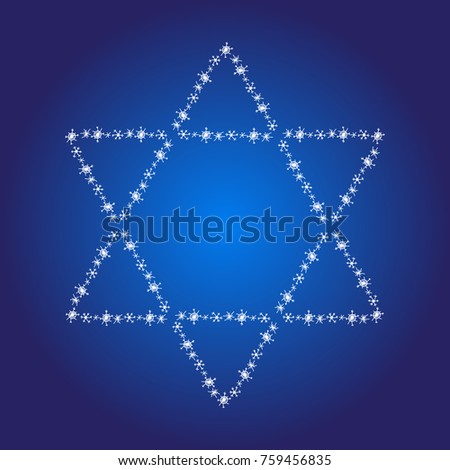 Christmas Star of David decorated with hand drawn showflake silhouettes. Symbol of Israel. Winter holiday vector design element for greeting cards, banners, printing, stamps, scrapbooking.