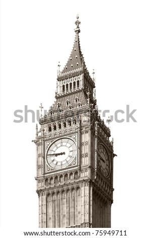 Big Ben, Houses of Parliament, Westminster Palace, London gothic architecture - isolated over white background - rectilinear frontal view