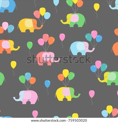 Seamless background, pattern. Cute elephant walking with balloons and flies on the balloons, vector illustration