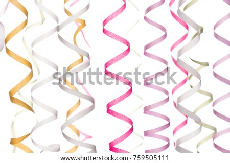 Carnival festive curling paper decorations hanging. Colorful streamer on carnival, isolated on white background.