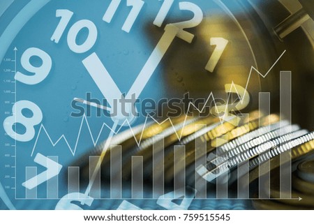 Double exposure of coin stacks with alarm clock and financial graph for business and financial concept idea. shallow focus.
