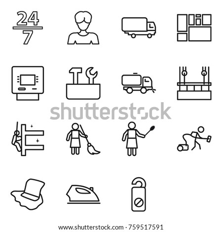 Thin line icon set : 24 7, woman, shipping, consolidated cargo, atm, repair tools, sweeper, skysrcapers cleaning, skyscrapers, brooming, with duster, vacuum cleaner, floor washing, iron