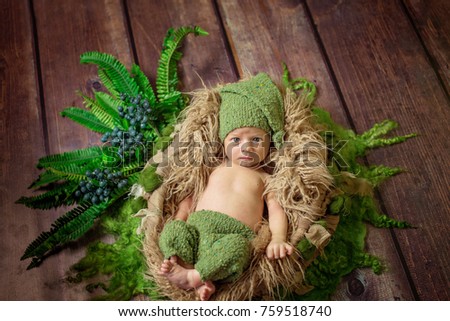 small newborn cute baby, infant boy sleeping in a basket on a rug in a hat with a toy, tenderness love care, green background, forest gnome, summer
