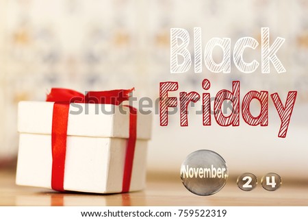 black friday message and white gift box, november in transparent bubble