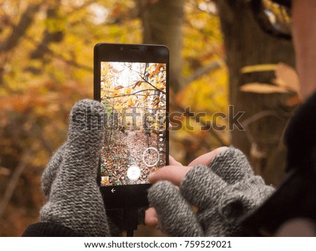 man taking a picture with camera smart phone touch screen nature outside autumn fall; essex; england; uk