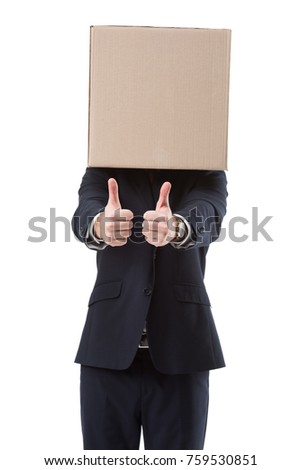 businessman with cardboard box on head showing thumbs up, isolated on white