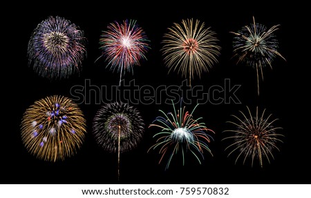 Eight colorful fireworks on black background Royalty-Free Stock Photo #759570832