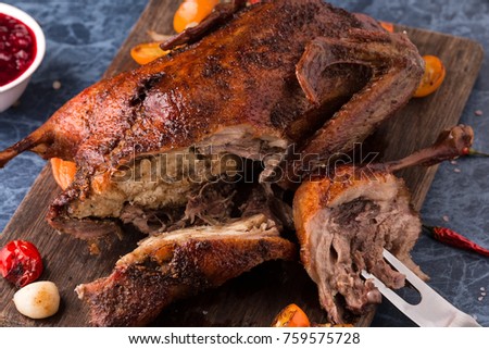 Homemade Roast Duck. Crispy whole roast duck. Thanksgiving or Christmas Dinner. 