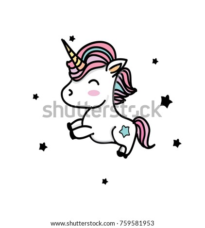 colorful drawing with unicorns with black stars on a white background