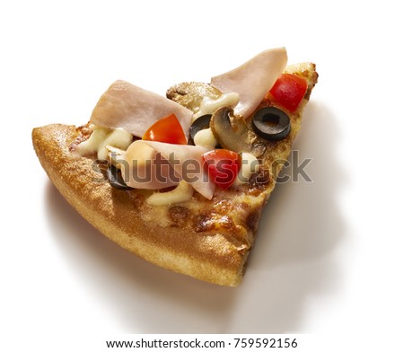Made from Re-Plated Waste food – Pizza slice with mushrooms, tomatoes, olives, ham and cheese on white background, isolated