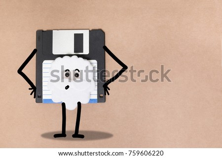 animated floppy disk concept, stick and walk figure.