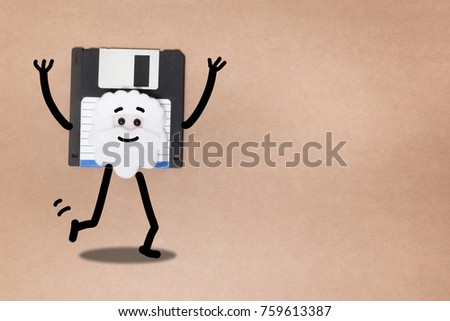 animated floppy disk concept, stick and walk figure walking.