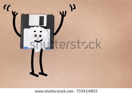 animated floppy disk concept, stick and walk figure jumping.