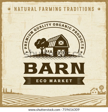 Vintage Barn Label. Editable EPS10 vector illustration with clipping mask and transparency in retro woodcut style.