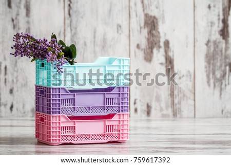 Colorful mini plastic cases with colorful flowers on white background