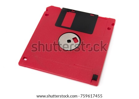 red computer floppy disk, back view, isolated on a white background.