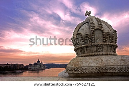 Statue of the crown on the Margit bridge in Budapest with beautiful sky