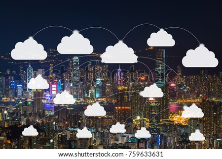 Network connection and cloud storage technology concept on modern and smart city night view cityscape, data communications and cloud computing network concept.