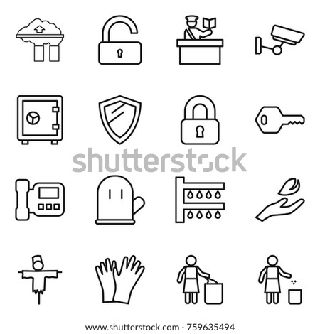 Thin line icon set : factory filter, unlock, inspector, surveillance, safe, shield, locked, key, intercome, cook glove, watering, hand leaf, scarecrow, gloves, garbage bin