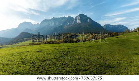Alpine Mountain Landscape. Perfect Sky over the mountain and meadow with fresh grass, under sunlight. Amazing nature View of Austrian Alps, Austria, Europe. concept of travel vacation. Postcard 