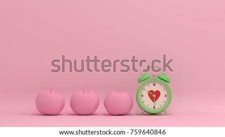 Clock and apple concept on pastel pink background for copy space minimal fruit and object concept pastel colorful. Royalty-Free Stock Photo #759640846