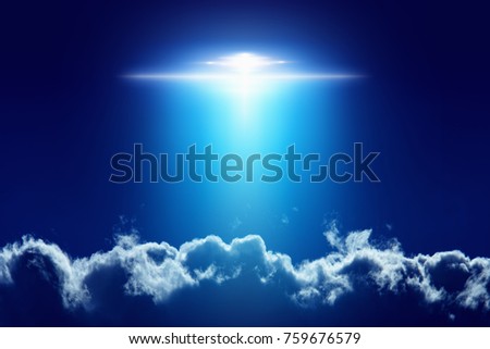 Fantastic background - extraterrestrial aliens spaceship, ufo with bright spotlight in dark blue sky